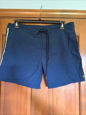 Pull&Bear Men's Navy Swim Trunks with Green Side Stripe - Size 34